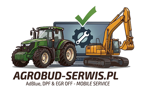 Logo przedstawiające zielony traktor przed niebieskim laptopem z ikoną koła zębatego. Tekst brzmi: "AGROBUD-SERWIS.PL AdBlue, DPF & EGR OFF - MOBILE SERVICE.